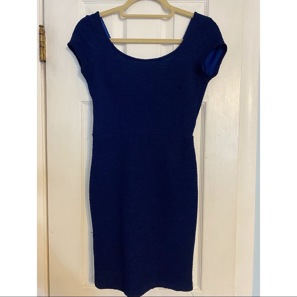 Blue Textured Mini Dress w Deep V Back | Size M
